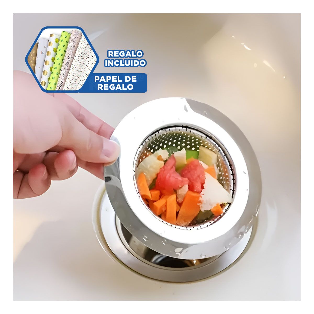 GENERICO - Rejilla Atrapa Residuos 7cm en Plateado Y+Papel de Regalo