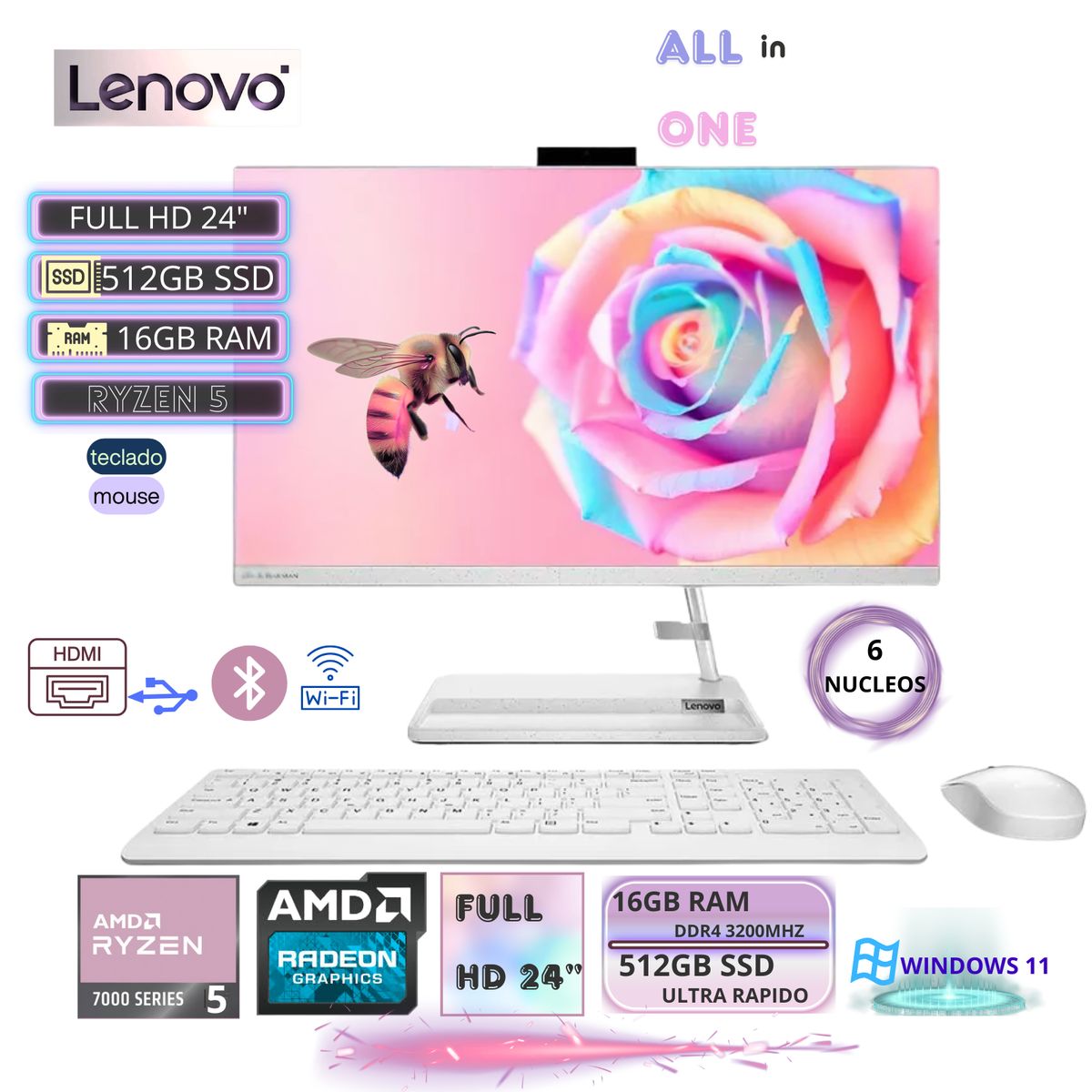 LENOVO - All in One Lenovo IdeaCentre AIO 3 AMD Ryzen 5 7430U, 16GB ram, 512GB SSD