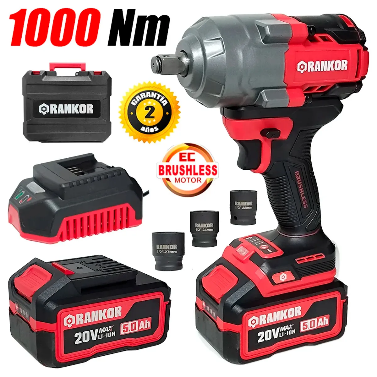 RANKOR - Llave de Impacto ½ Industrial RLIW20003 20V 1000Nm 2Bat x 5Ah Brushless