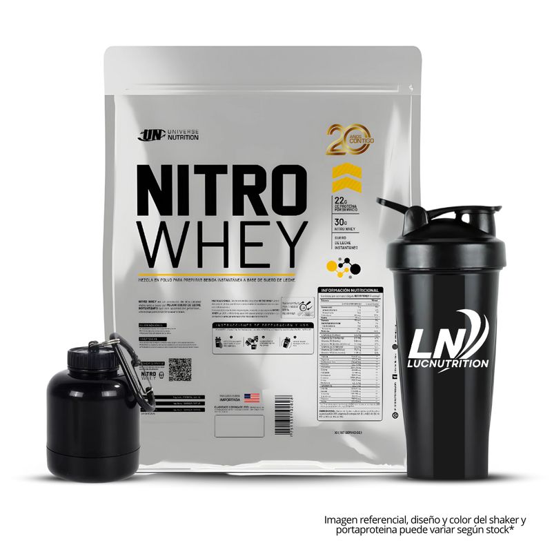 UNIVERSE NUTRITION - Nitro whey 5 KG Vainilla + Shaker + Portaproteina