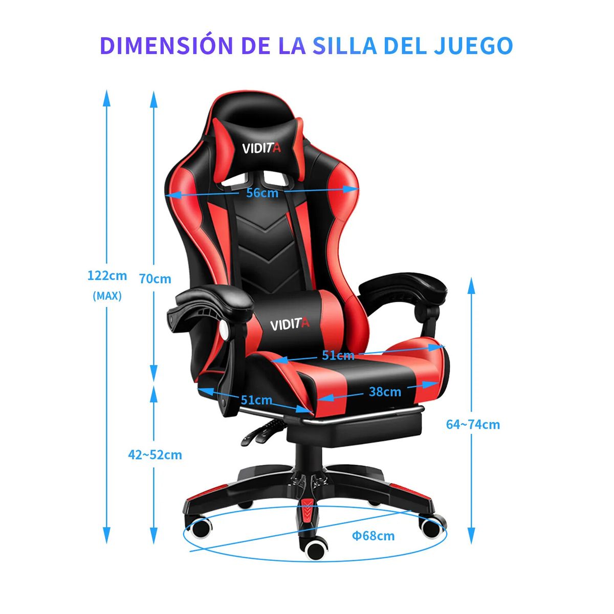 VIDITA - Silla Gamer GX2000 Reclinable Profesional con Reposapiés-Rojo