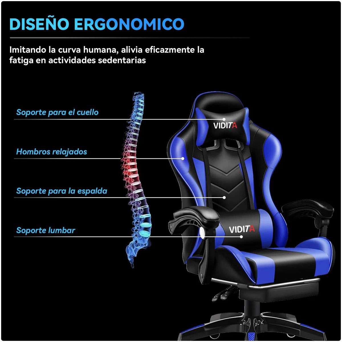 VIDITA - Silla Gamer GX2000 Reclinable Profesional con Reposapiés-Azul