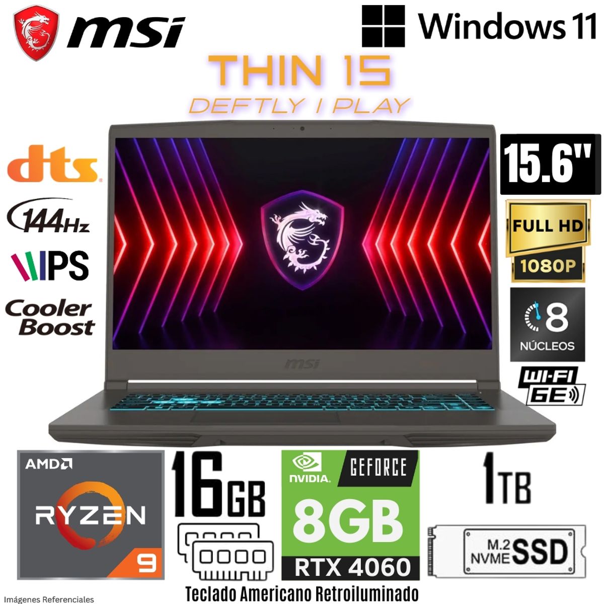 MSI - Laptop MSI THIN A15 AI B8VF AMD Ryzen 9 8945HS 16GB RAM 1TB SSD RTX 4060-8GB 15.6"  FHD 144HZ