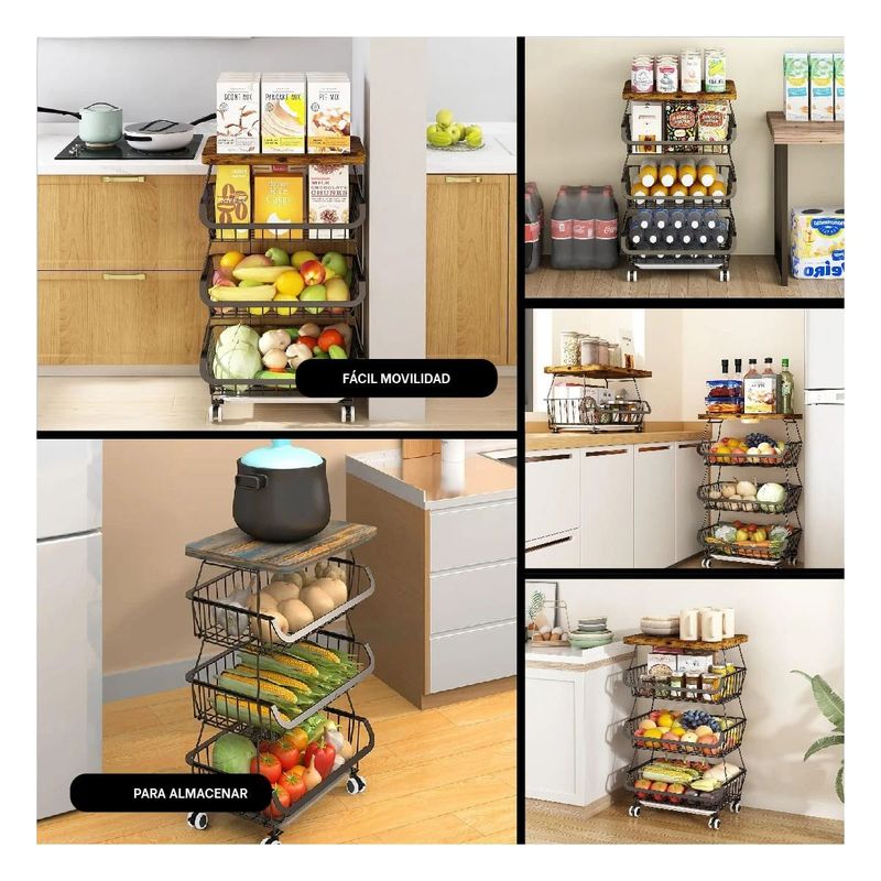 GENERICO - Cesta Estante de 4 Niveles con Ruedas de Color Negro