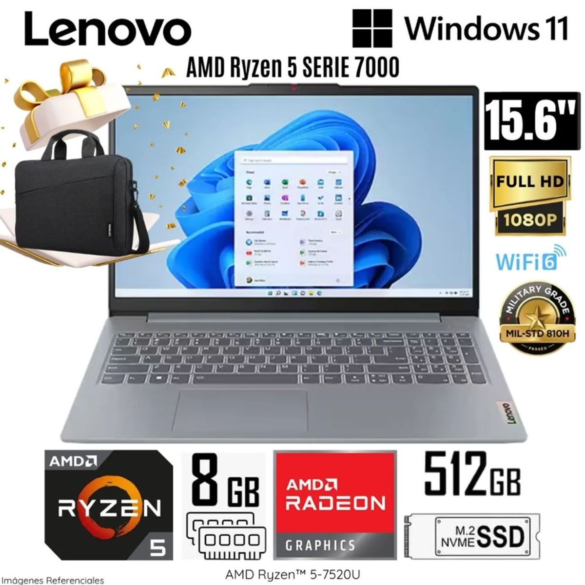 LENOVO - Laptop Lenovo Ideapad Slim 3 AMD Ryzen 5-7520U 8GB RAM 512GB SSD 15.6"  FHD 82XQ00N5LM + Maletín