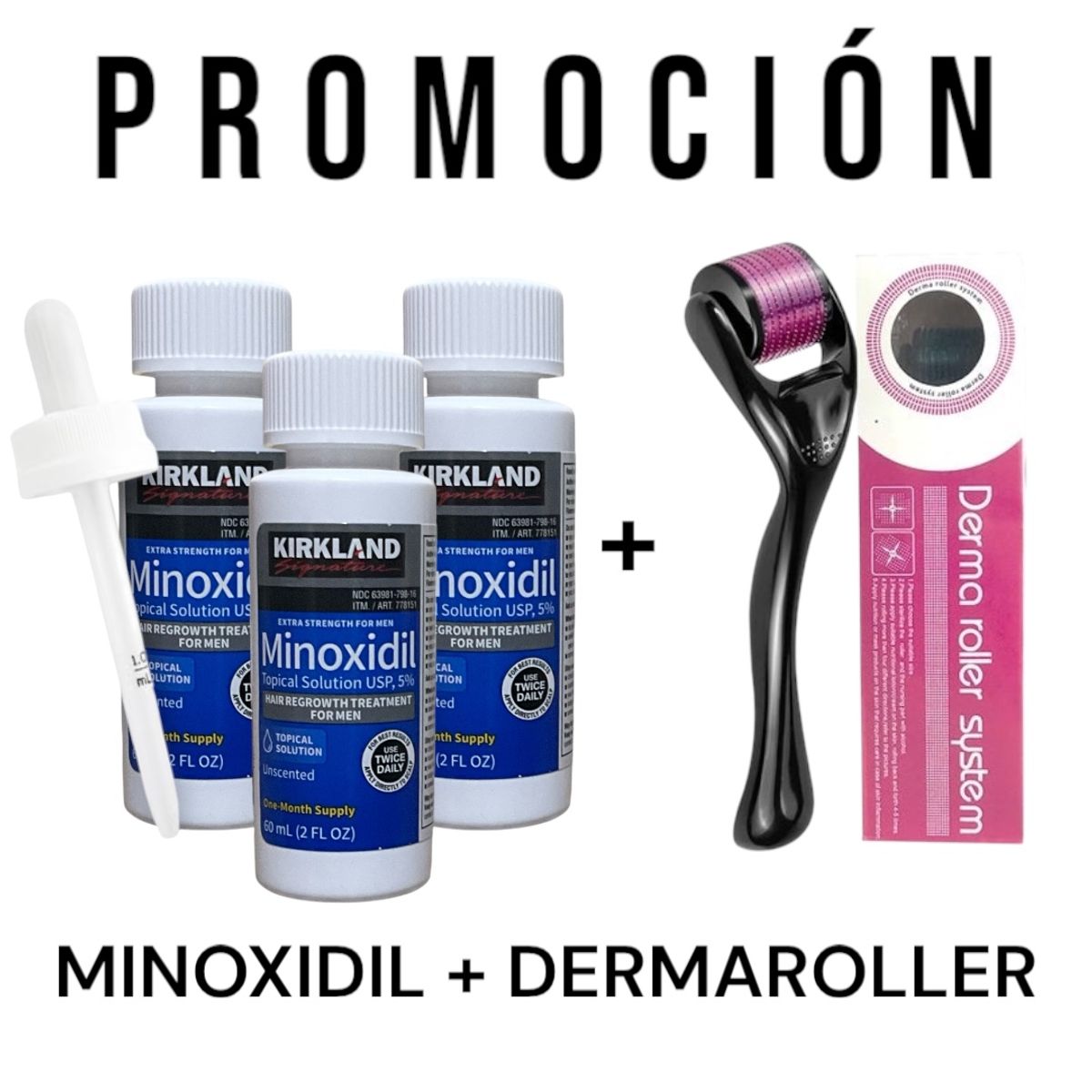 KIRKLAND - 3 Minoxidil Liquido 5% Kirkland + 1 Dermaroller 0.5mm