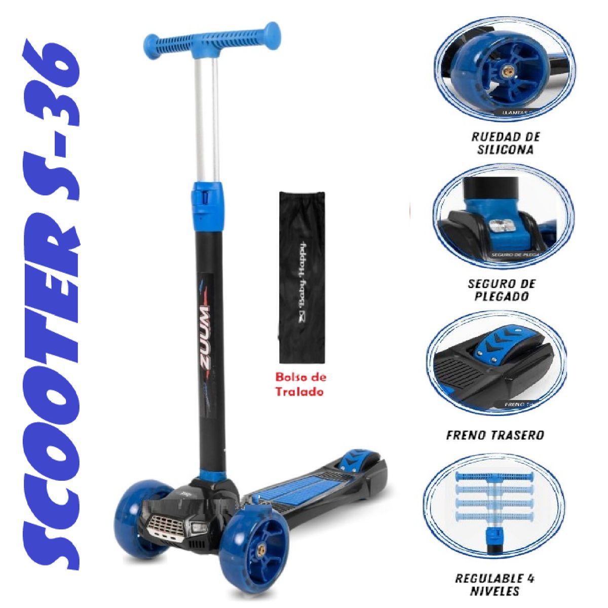 ZUUM - Nuevo Scooter Kids Musical con luces S-36 -Azul