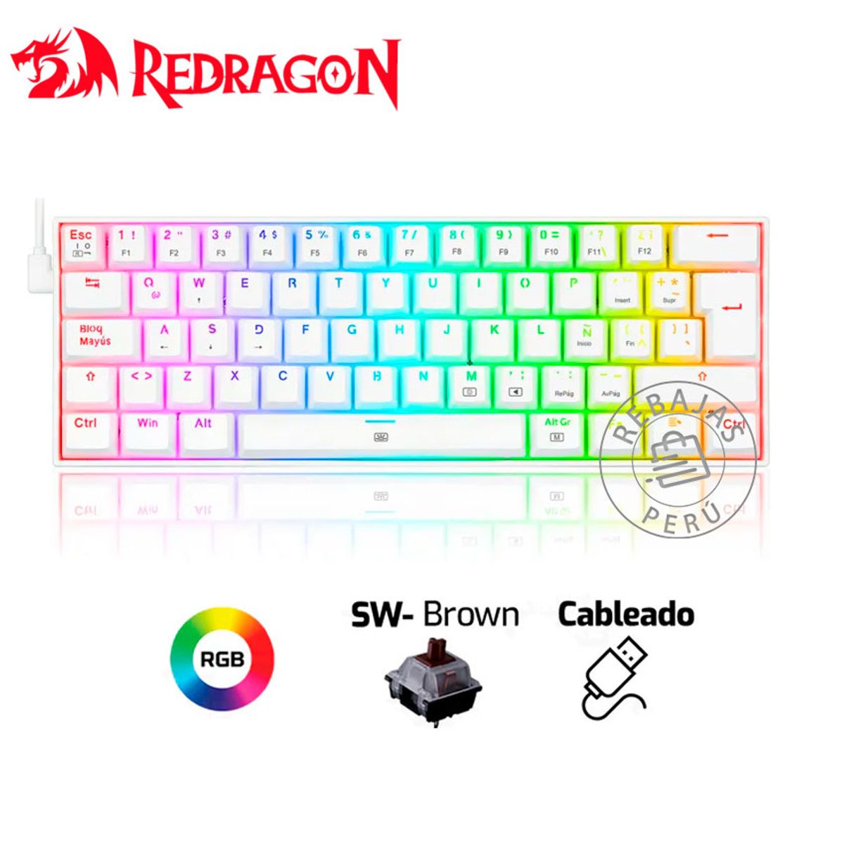 REDRAGON - Teclado Mecánico Redragon DRAGONBORN K630W 60% RGB Español Blanco