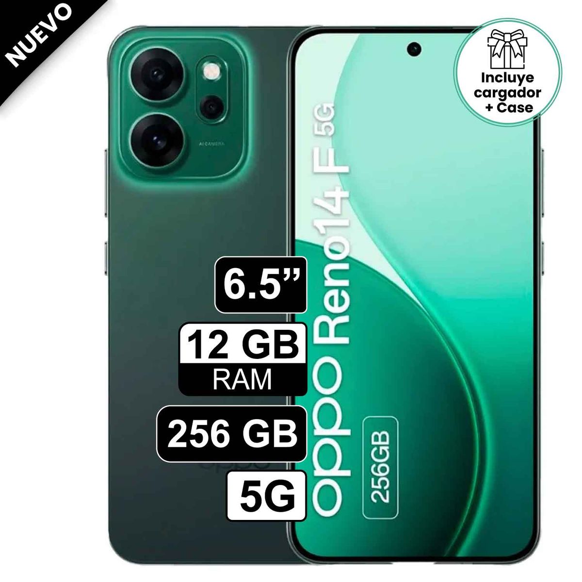 OPPO - Celular OPPO Reno 14F 5G 256GB 12GB RAM cámara 50MP Frontal 32MP 65 Verde