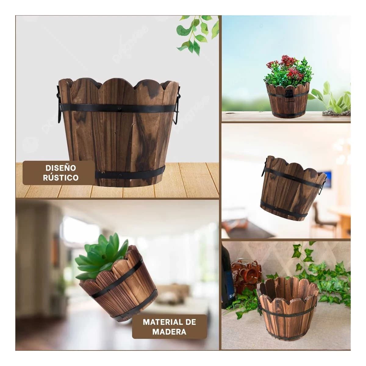 RYBIU IMPORT - Macetero de Madera Barril de Marron 12cm Y+Papel de Regalo