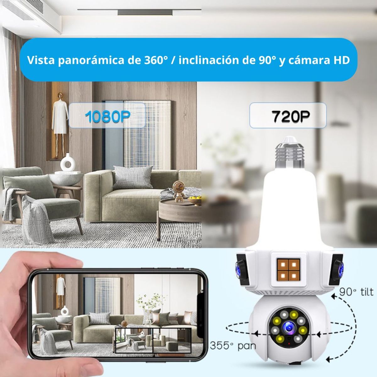 GENERICO - Foco Cámara WiFi 360° HD con Triple Lente Visión Nocturna Sensor y Audio
