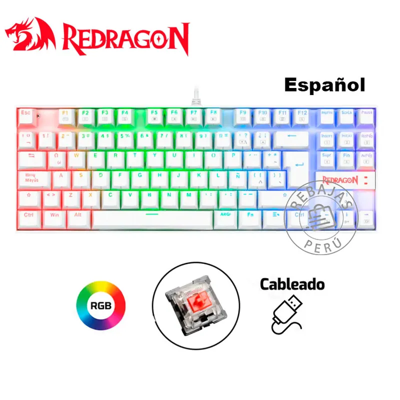 REDRAGON - Teclado Mecánico Gamer Redragon K552W-RGB KUMARA 80% Español Blanco