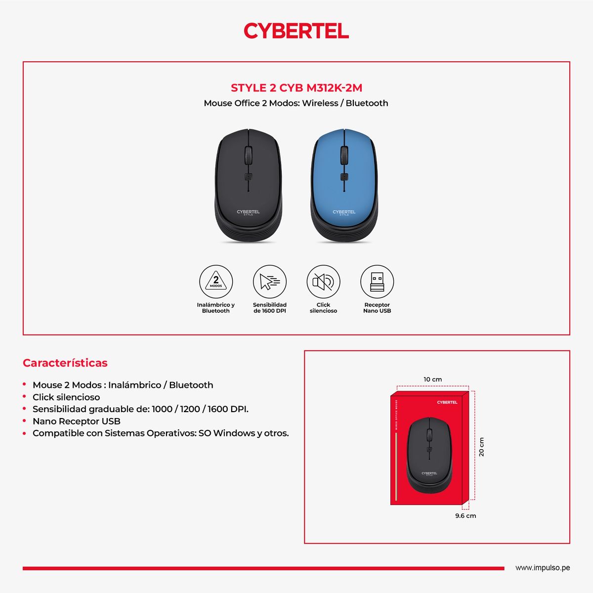 CYBERTEL - Mouse 2 Modos:Bluetooth Inalámbrico 1600DPI Cybertel Style2 M312K-2M