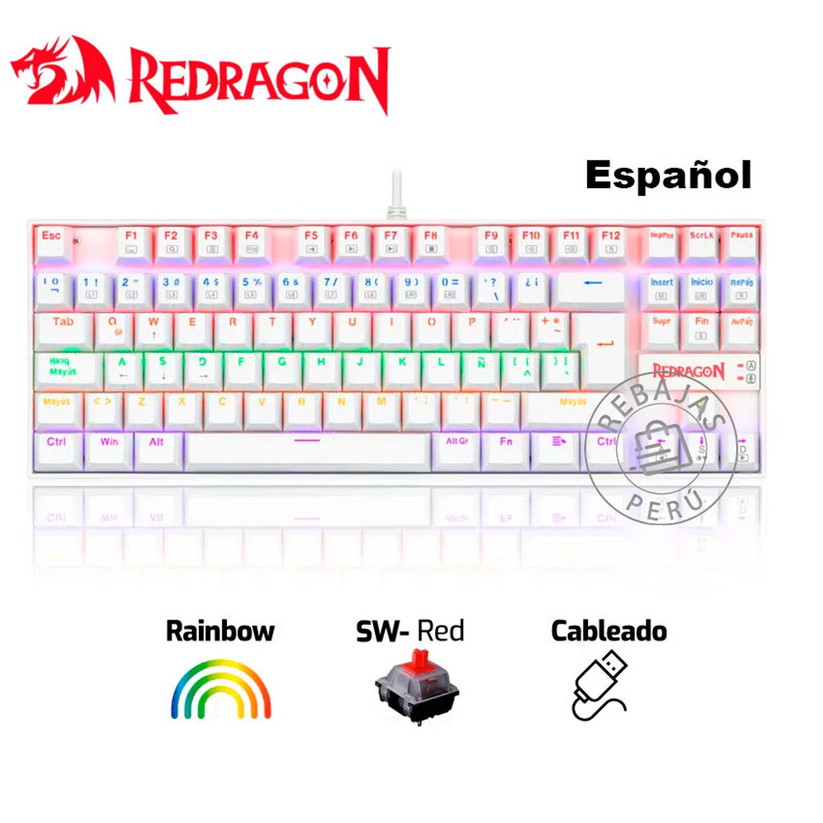 REDRAGON - Teclado Mecánico Redragon K552W-KR-SP Kumara Rainbow White Español