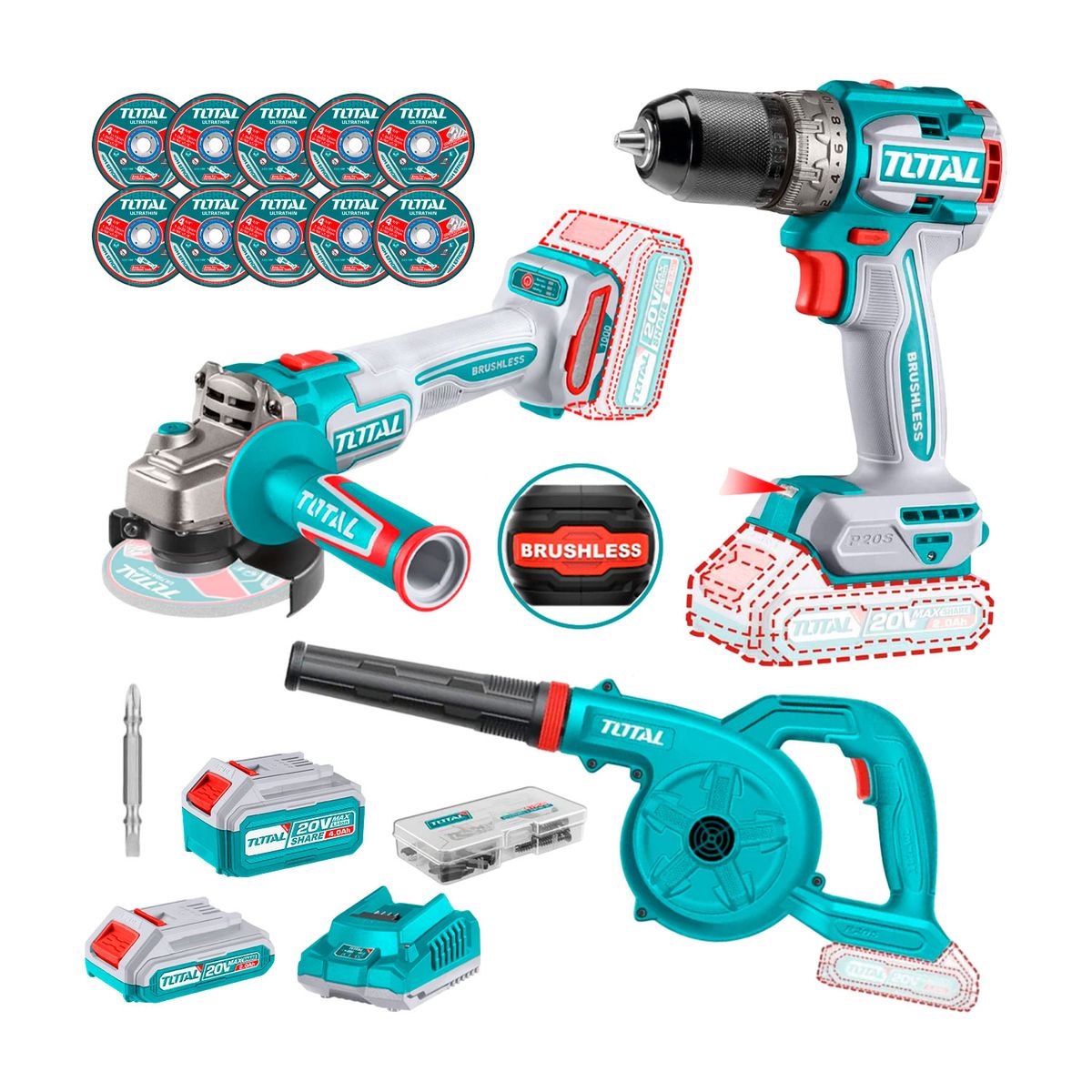 TOTAL TOOLS - Kit Inalámbrico Taladro 60nm + Amoladora 1000w + Sopladora