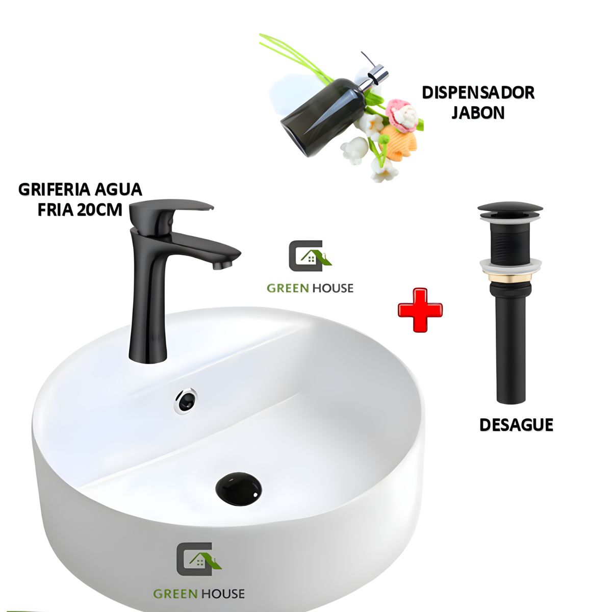 GREEN HOUSE - COMBO LAVATORIO REDONDO +GRIFERIA AGUA FRIA -VOS47