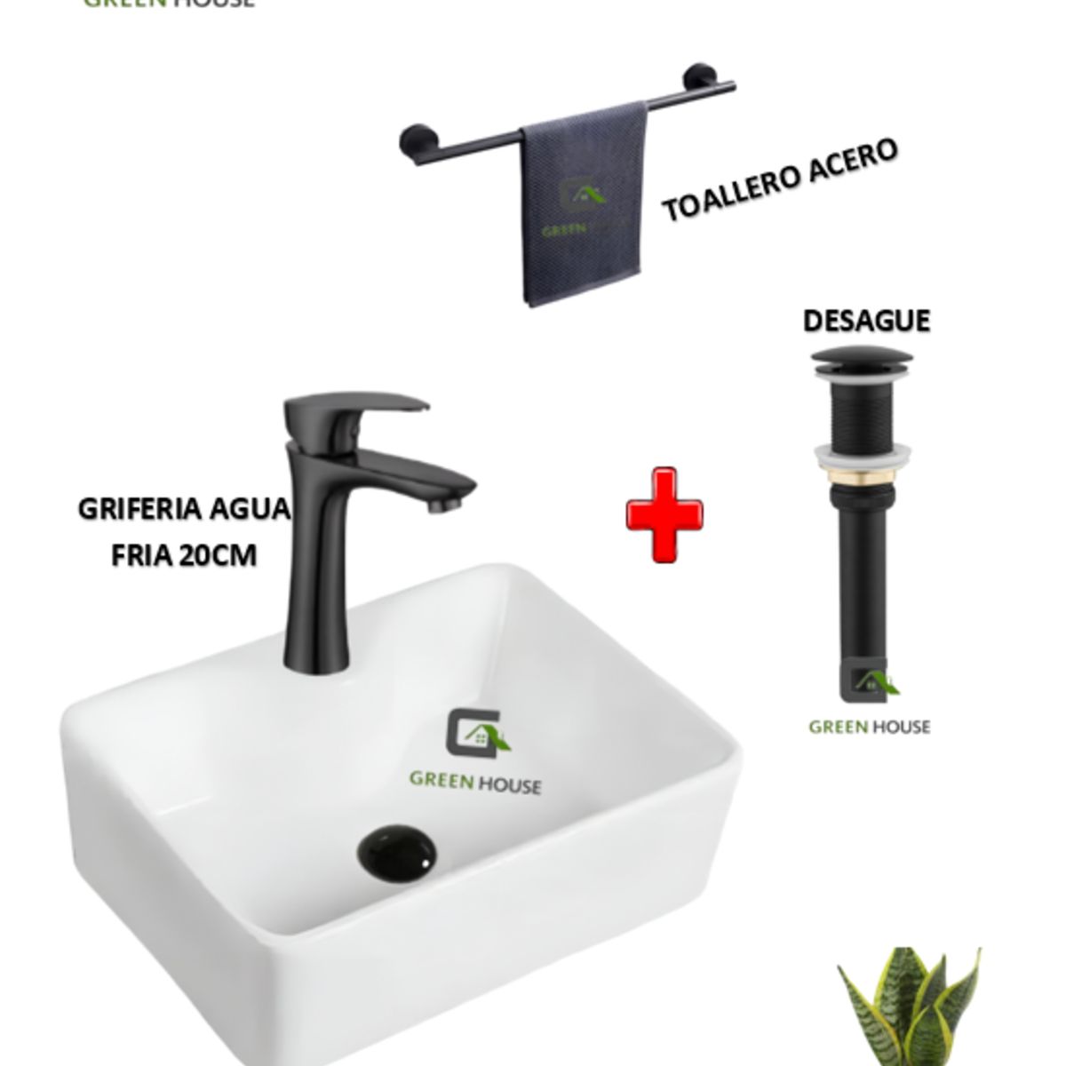 GREEN HOUSE - COMBO LAVATORIO CUADRADO + GRIFERIA AGUA FRIA 20CM-VOS-48