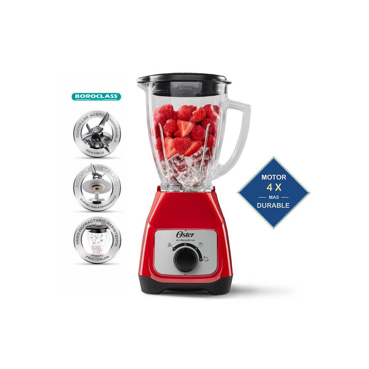 OSTER - Licuadora 2V con perrilla y Vaso de Vidrio 15lt BLSTKAG-RRD 500W ROJA