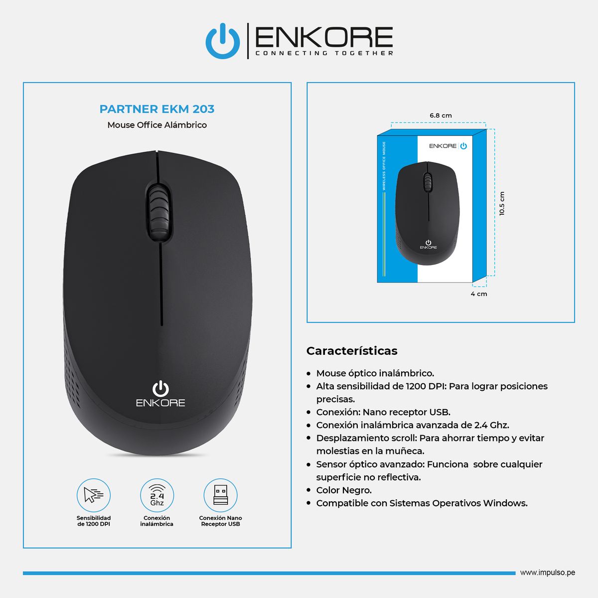 ENKORE - Mouse Oficina Inalámbrico 1200DPI Negro Enkore Partner EKM 203