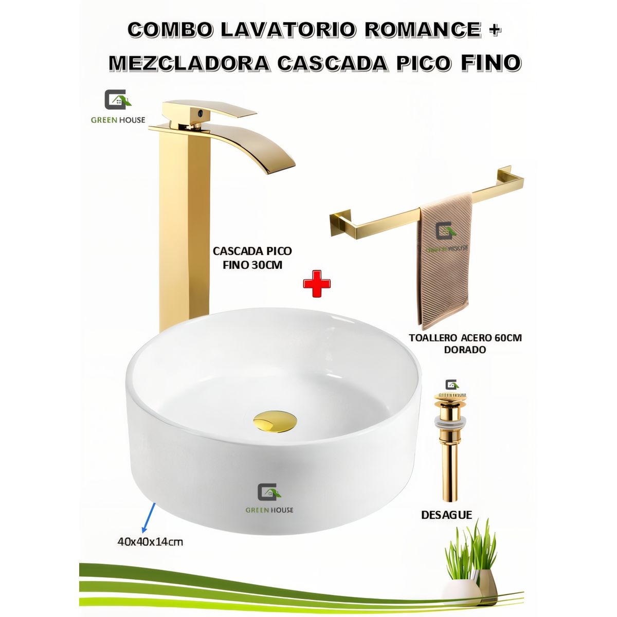 GREEN HOUSE - COMBO ROMANCE DORADO + MEZCLADORA CASCADA PICO FINO 30CM VOS46