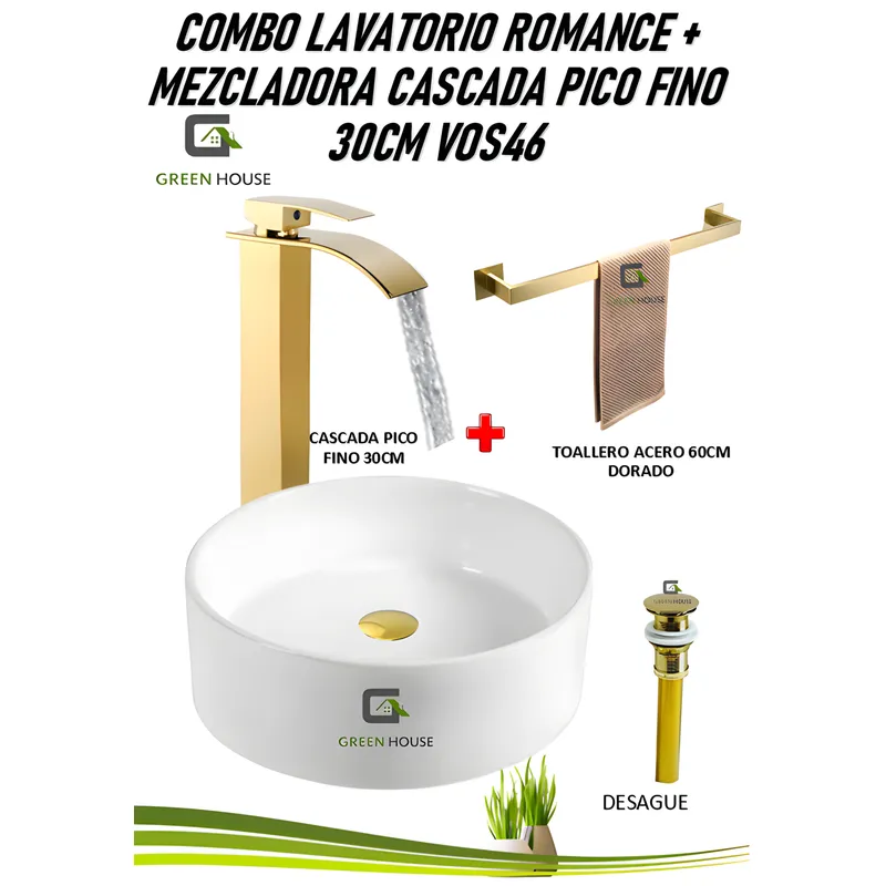 GREEN HOUSE - COMBO ROMANCE DORADO + MEZCLADORA CASCADA PICO FINO 30CM VOS46