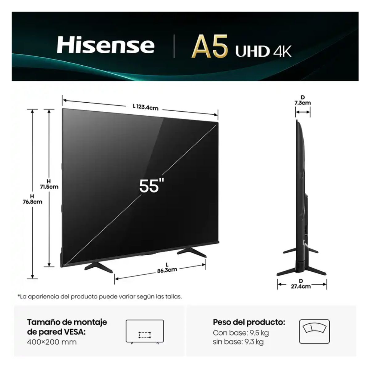 HISENSE - TELEVISOR HISENSE 55 SMART TV VIDAA 4K UHD LED - 55A5NV