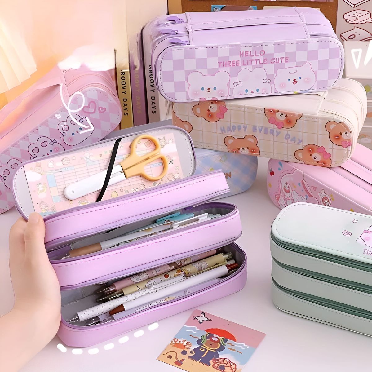 GENERICO - Cartuchera Kawaii de 3 Niveles Espaciosa Morada