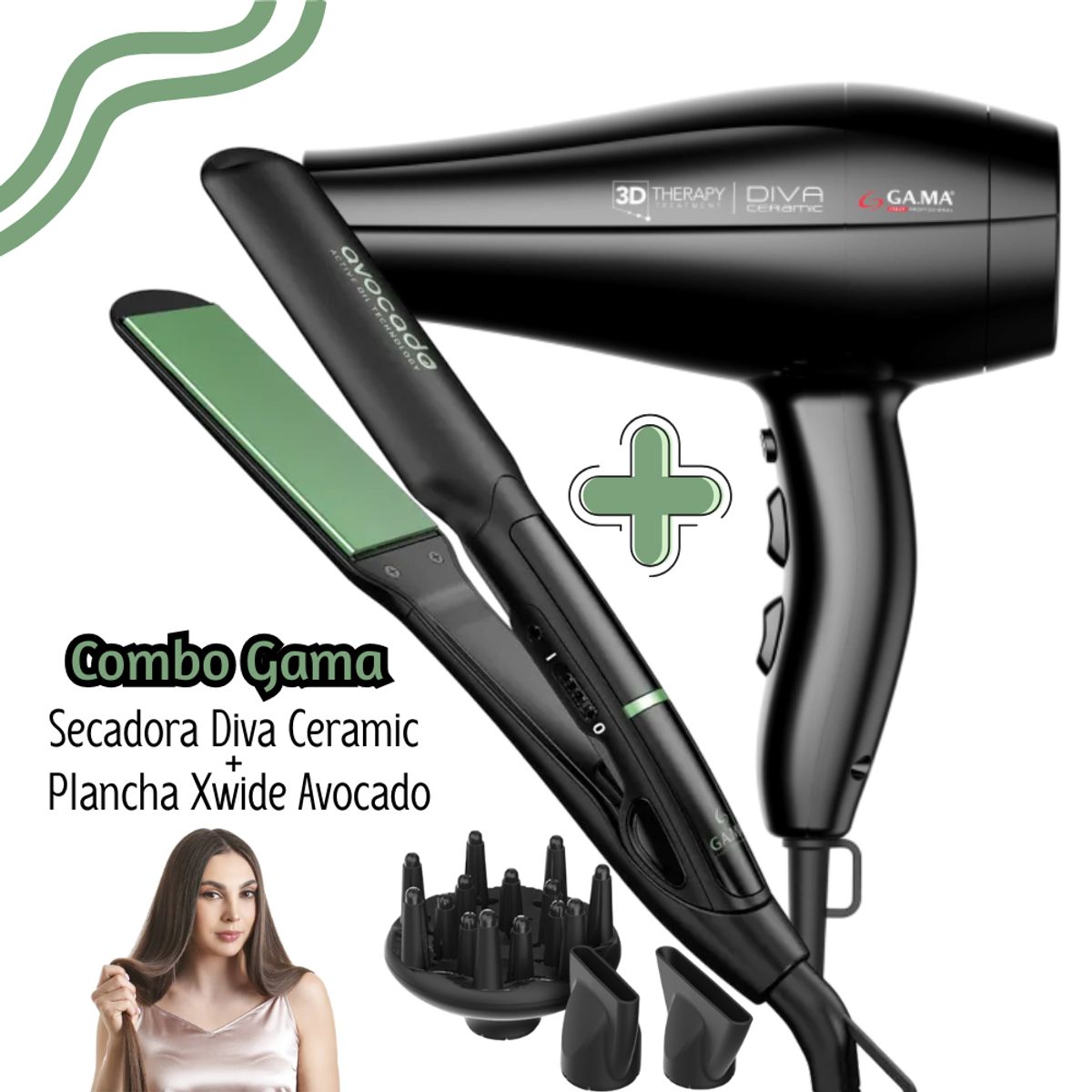 GAMA - Combo GAMA Secadora Diva Ceramic + Plancha Xwide Avocado