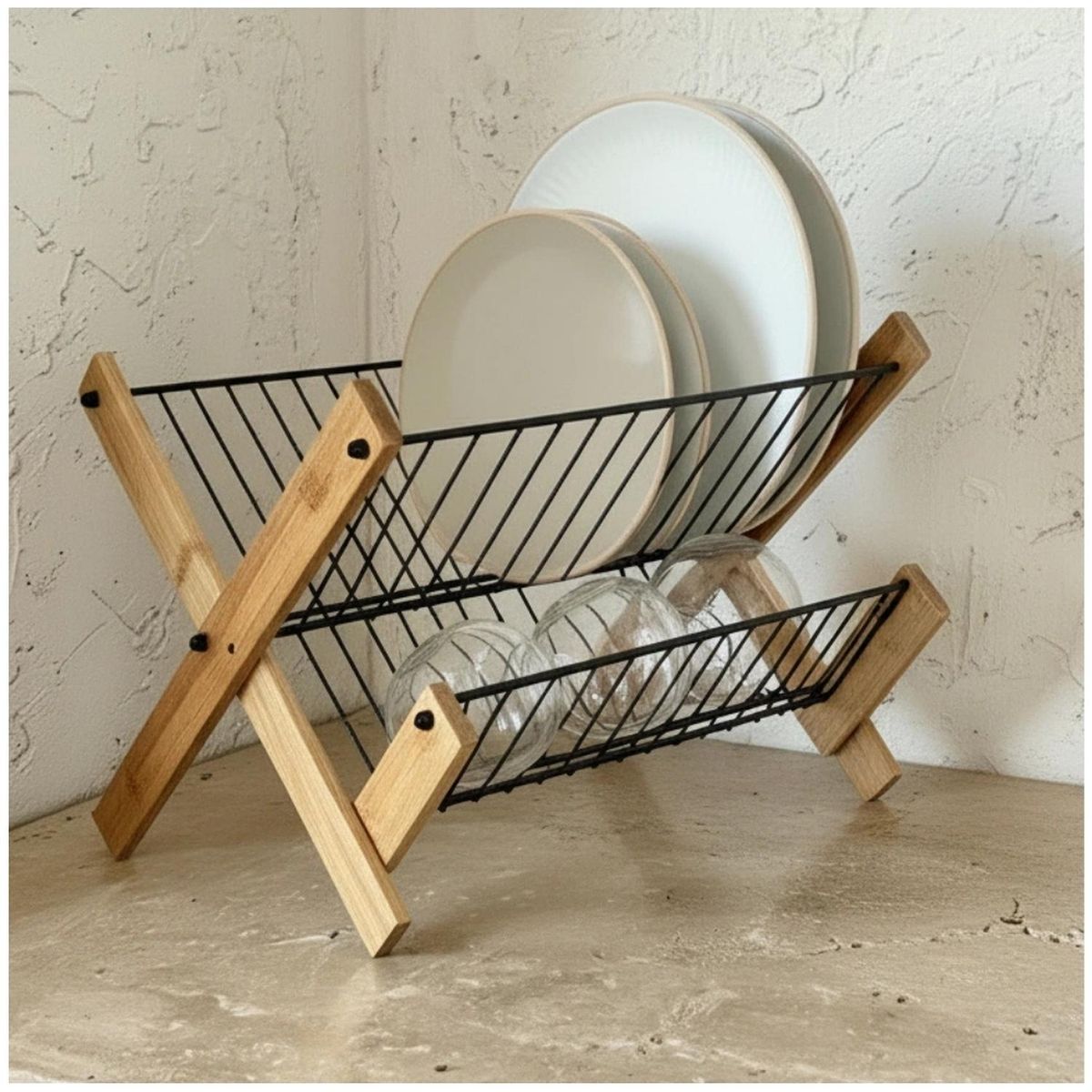 MINARI - Escurridor Estante Organizador de Platos Plegable Madera 10E