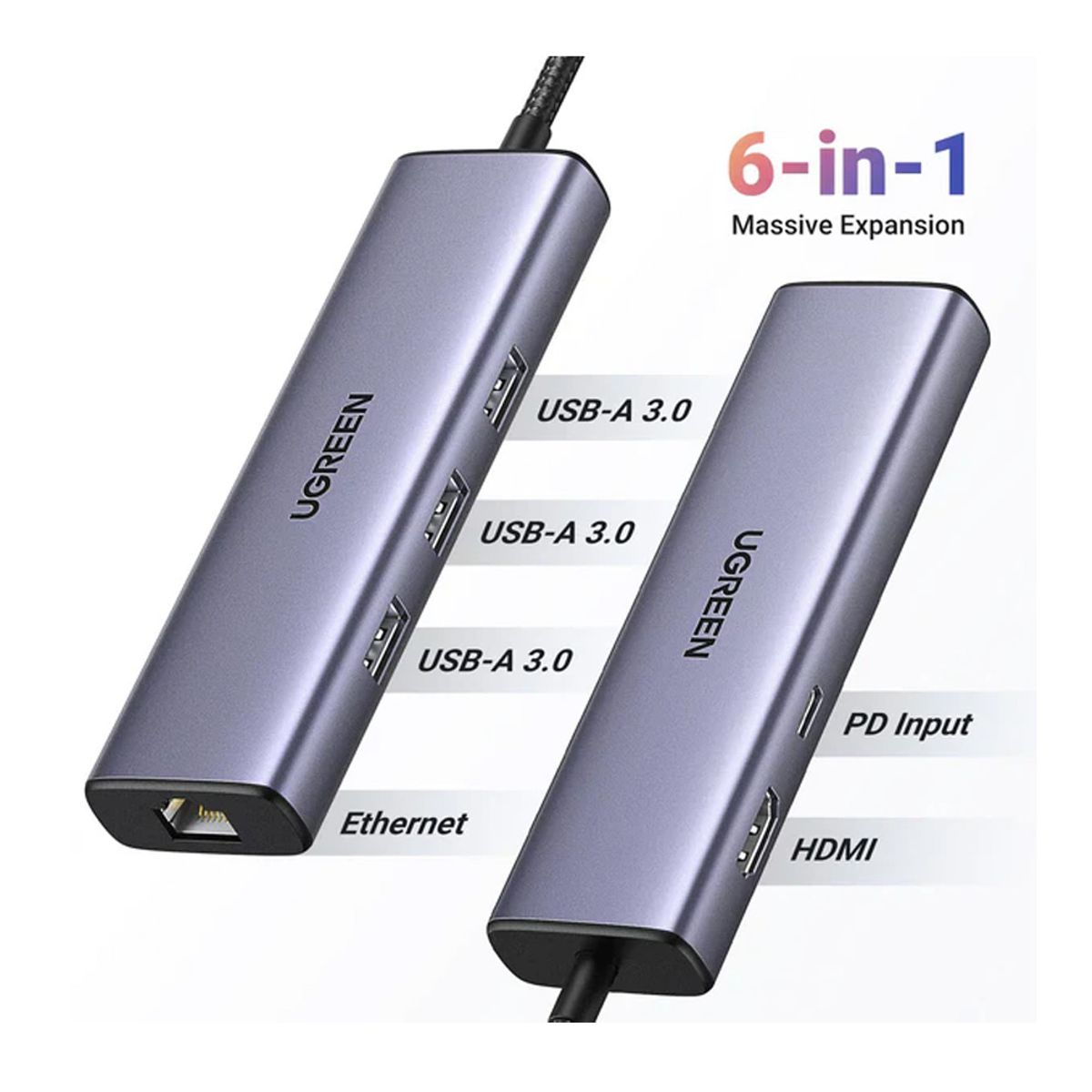 UGREEN - HUB UGREEN 6 EN 1 USB-C A 3USB 3.0 1HDMI 1RJ45 1C
