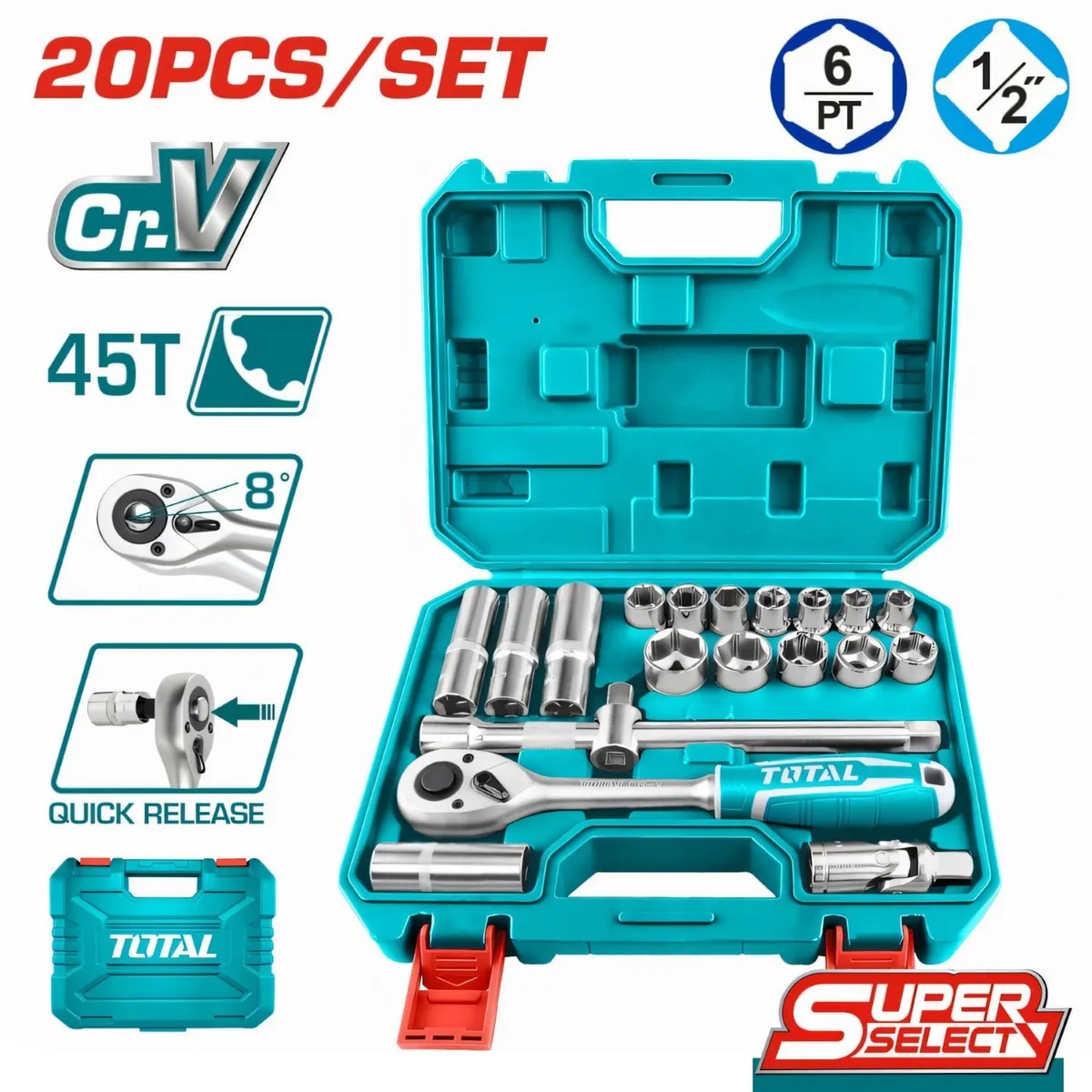 TOTAL TOOLS - Set 20 Piezas De Media Pulgada Con Maletín Industrial Ratchet - THT121201