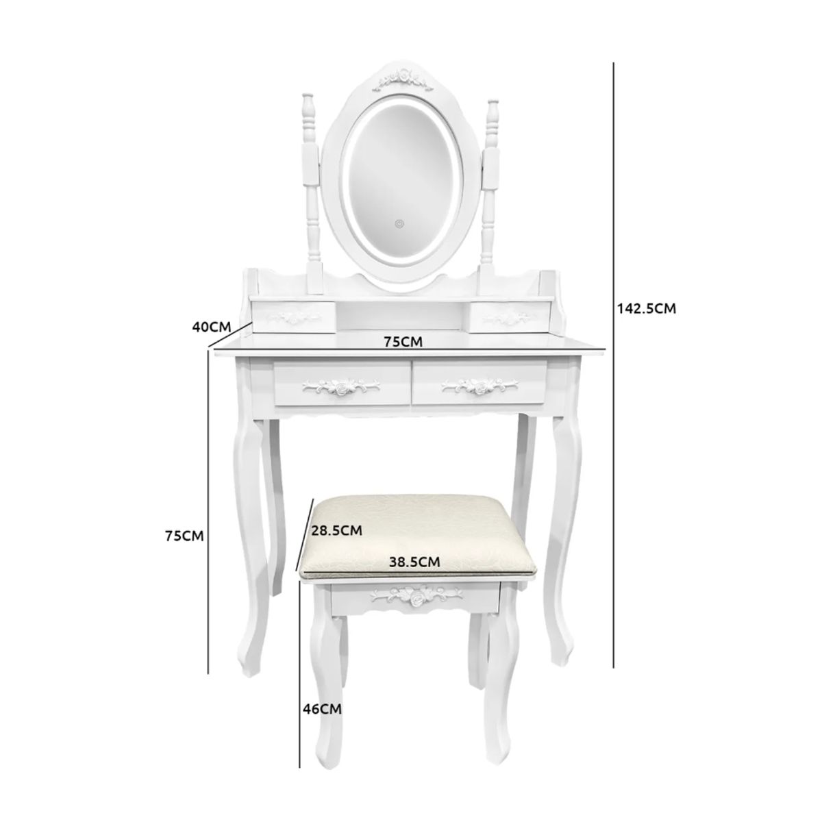 ANYHOGAR - Tocador con espejo iluminado y taburetes tapizados blancos