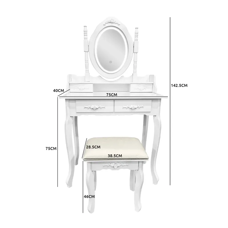 ANYHOGAR - Tocador con espejo iluminado y taburetes tapizados blancos