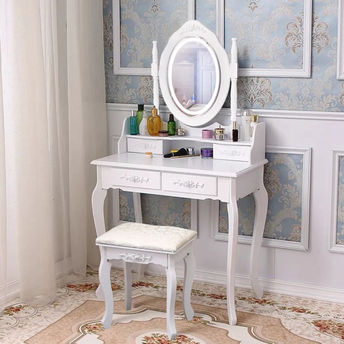 ANYHOGAR - Tocador con espejo iluminado y taburetes tapizados blancos