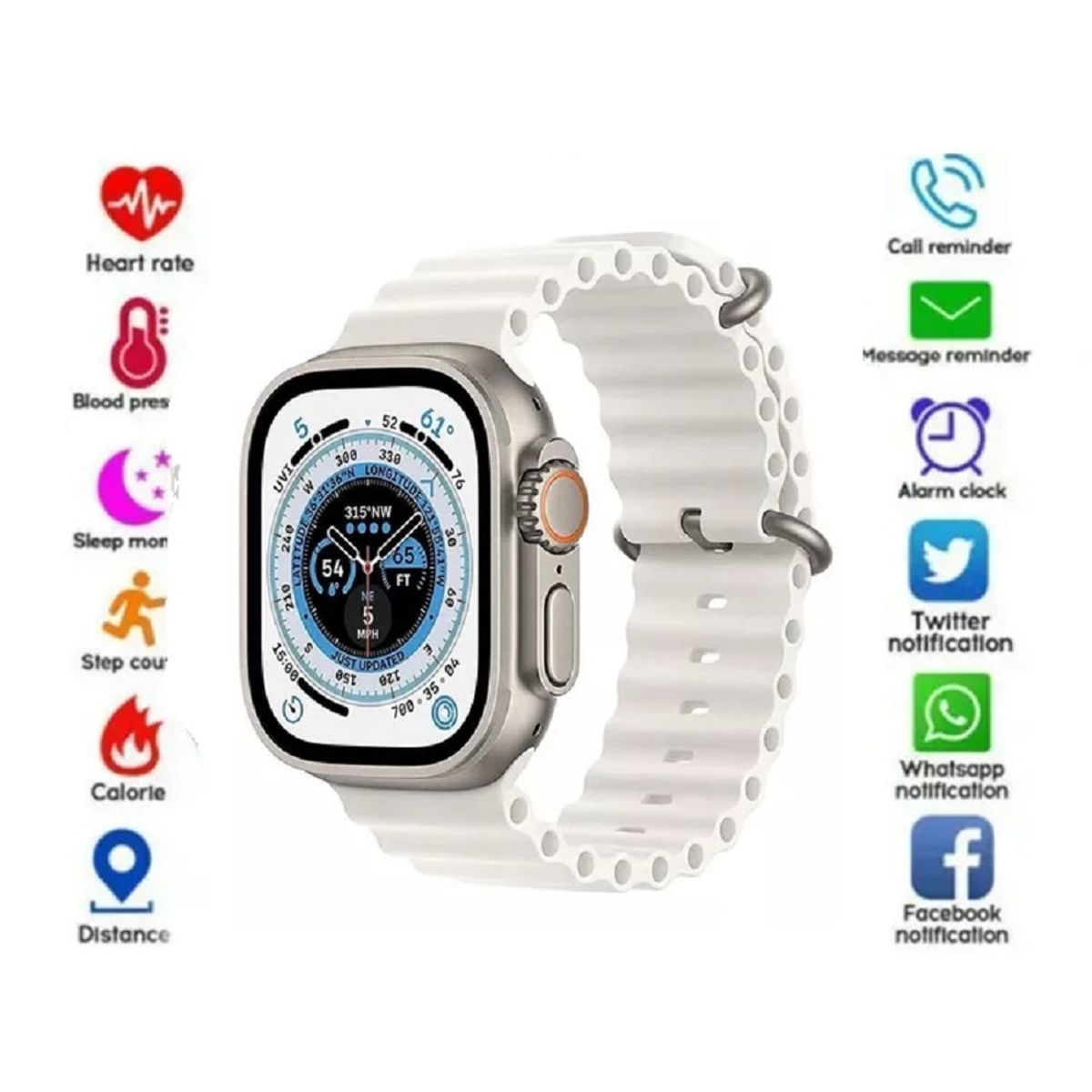 GENERICO - Reloj Inteligente Iwo Kd99 Ultra Series 8, 49 Mm, Caja Gris Y Pulsera Blanca