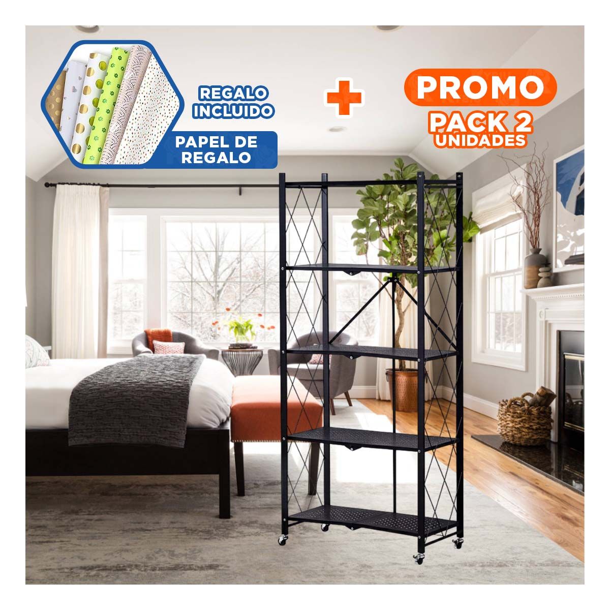 GENERICO - Pack2 Estante de 5 Niveles en Negro Y+Papel de Regalo
