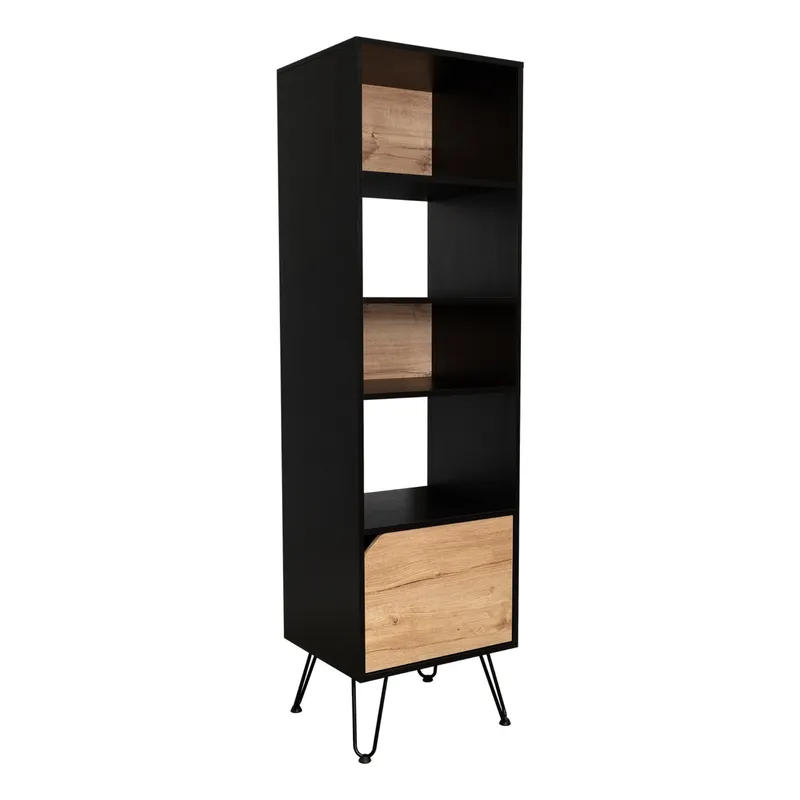 FMFURNITURE - Biblioteca 1 Puerta 5 Repisas Fm-014N Negro Y Café Oscuro