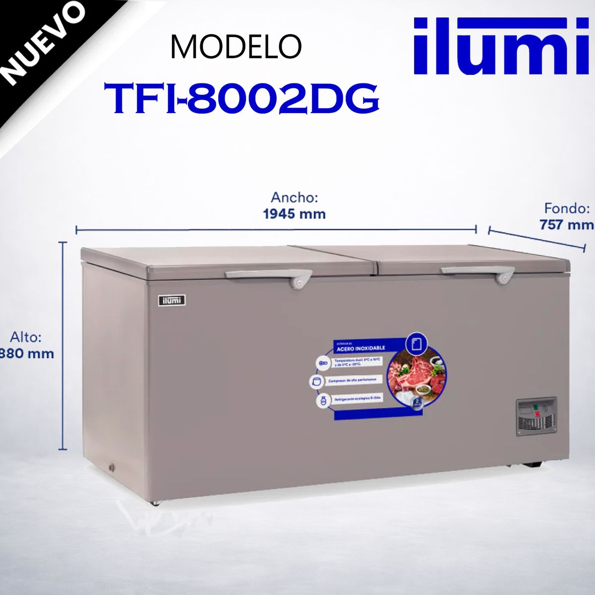 ILUMI - Congelador con tina de Acero Inoxidable de 800 litros - TFI-8002DG