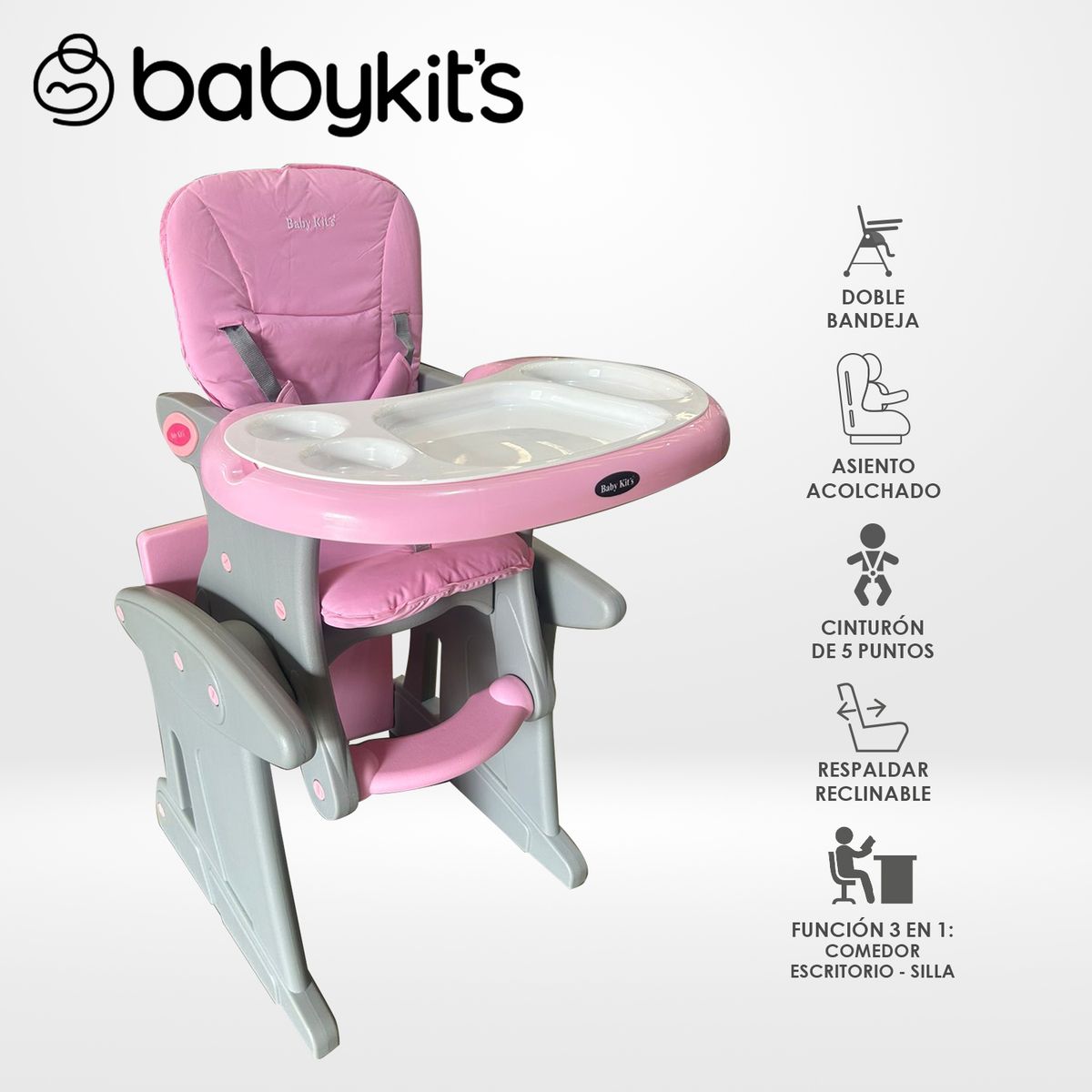 BABY KITS - Silla de Comer Carpeta 3 en 1 Rosado