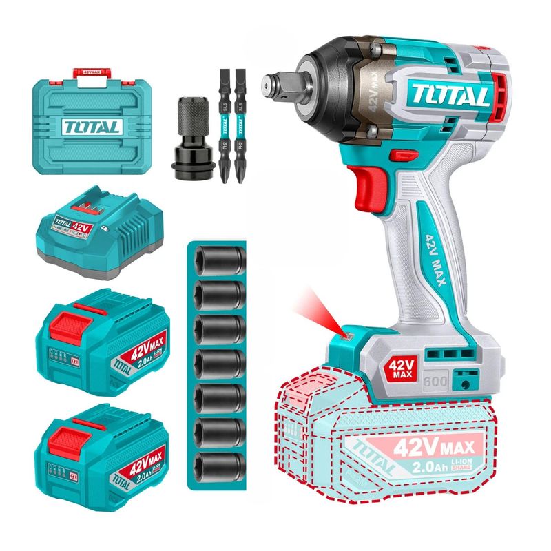 TOTAL TOOLS - Llave de Impacto 1/2'' 600Nm + 2 Batería y Cargador 42v Total
