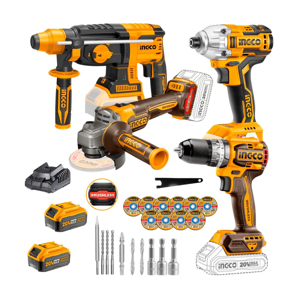 INGCO TOOLS - Combo Rotomartillo + Atornillador + Amoladora + taladro + accs