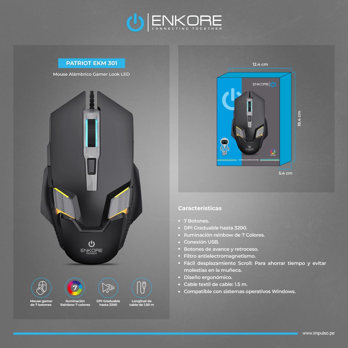 ENKORE - Mouse Gamer Alámbrico 7B 3200DPI Negro Enkore Patriot EKM 301