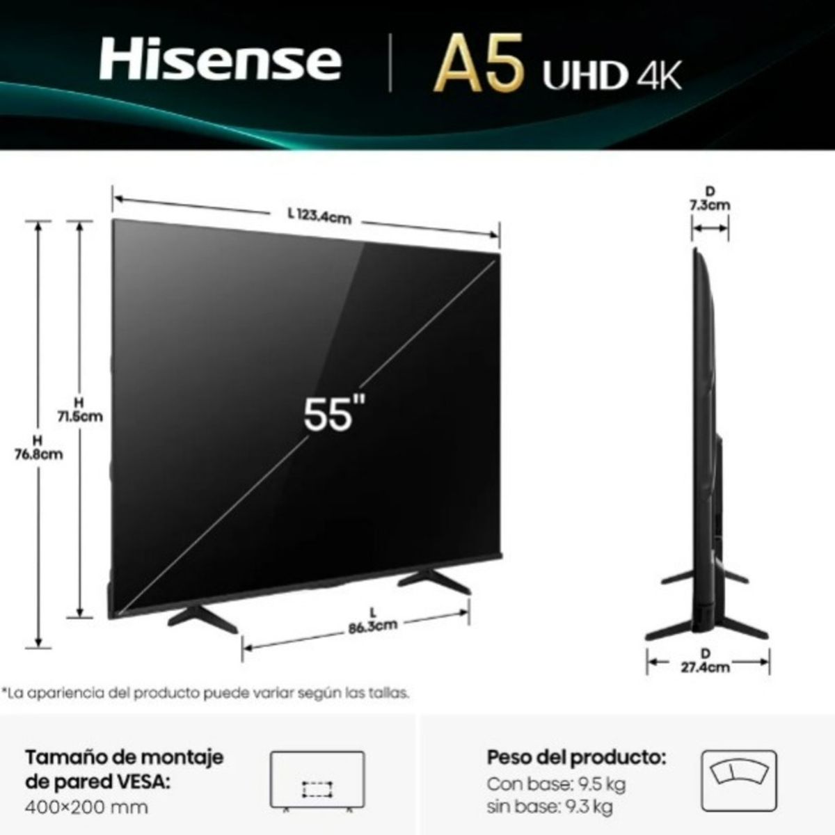 HISENSE - Televisor Hisense Led 55 Smart UHD 4K VIDAA 55A5NV 2025