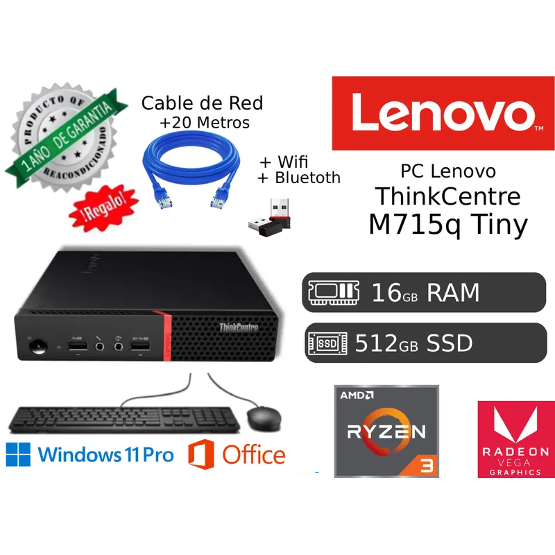 LENOVO - Mini PC Lenovo Thinkcentre M715q Ryzen 3 16gb ram 512gb ssd + TECLADO + MOUSE
