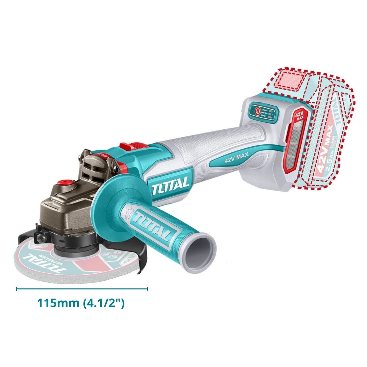 TOTAL TOOLS - Amolador Inalámbrica 1280W 4-1/2" + 2 Batería y Cargador 42v Total