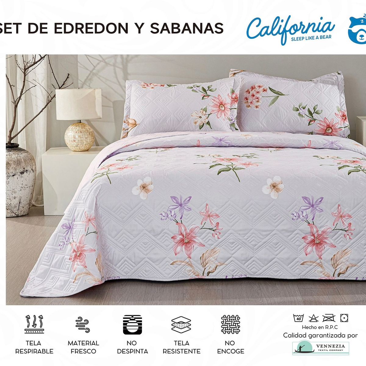 MINGDA - Set de Cubrecama + Juego de sabanas + fundas  2 Pz 100% Algodón