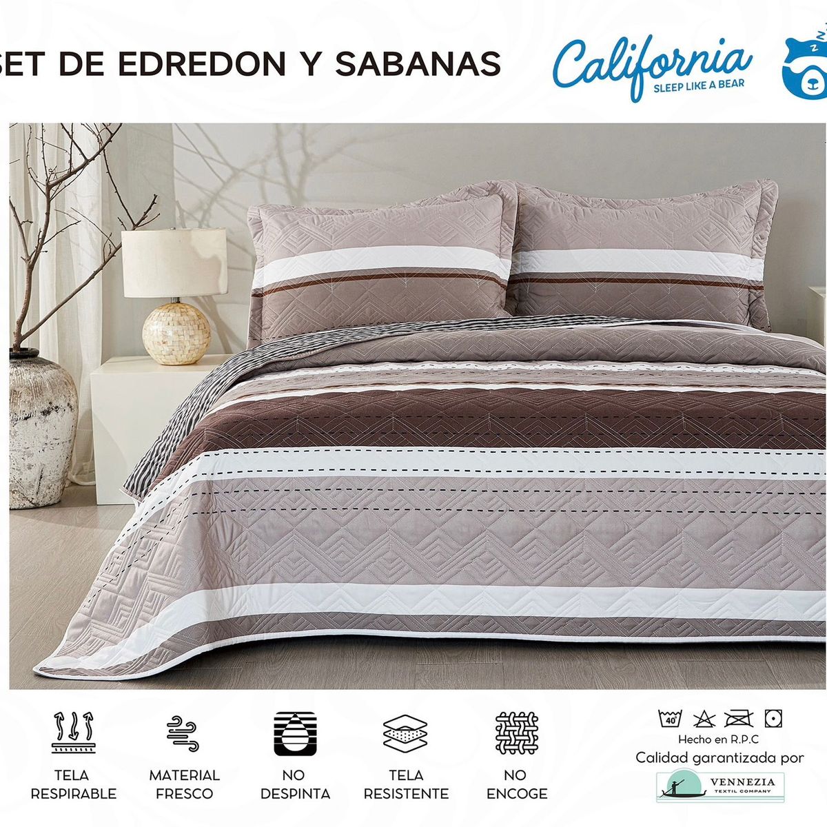 MINGDA - Set de Cubrecama + Juego de sabanas + fundas  2 Pz 100% Algodón