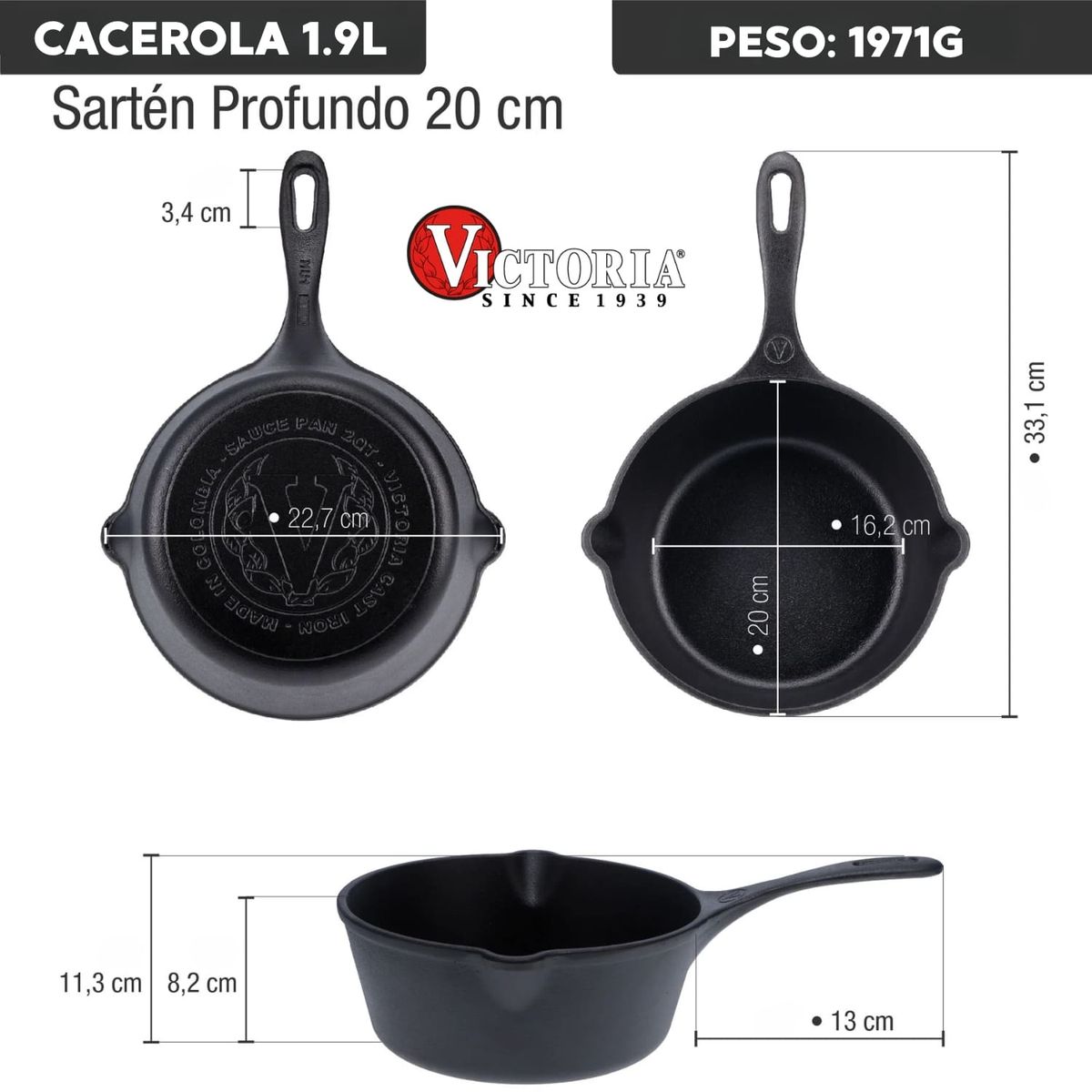 VICTORIA - Sartén Profundo Victoria De 20 cm Hierro Fundido Negro Esmaltado