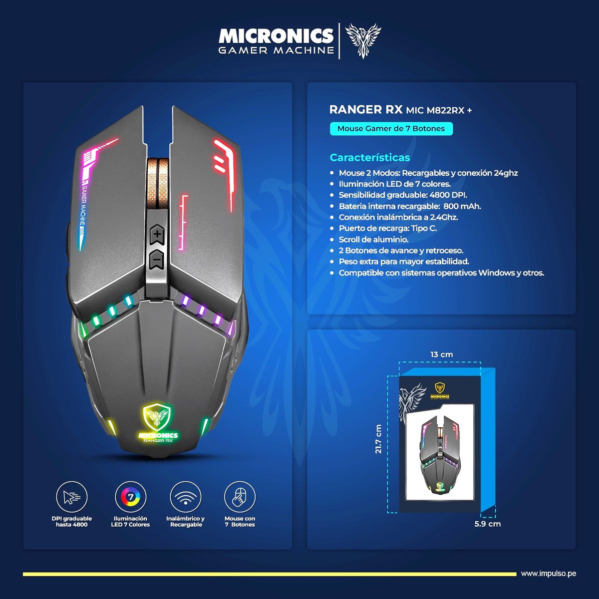 MICRONICS - Mouse 2 Modos:Bluetooth Inalámbrico 4800DPI Micronics RangerRX M822RX