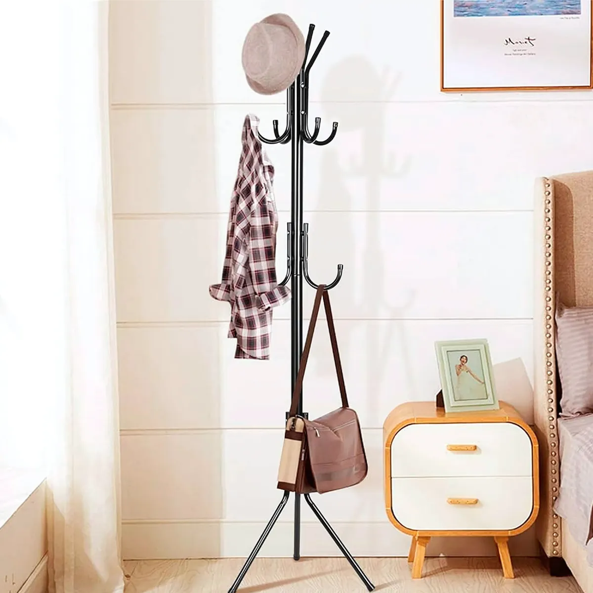 SM - PERCHERO DE PIE COLGADOR DE ROPA DE METAL CROMADO -12 GANCHOS NEGRO